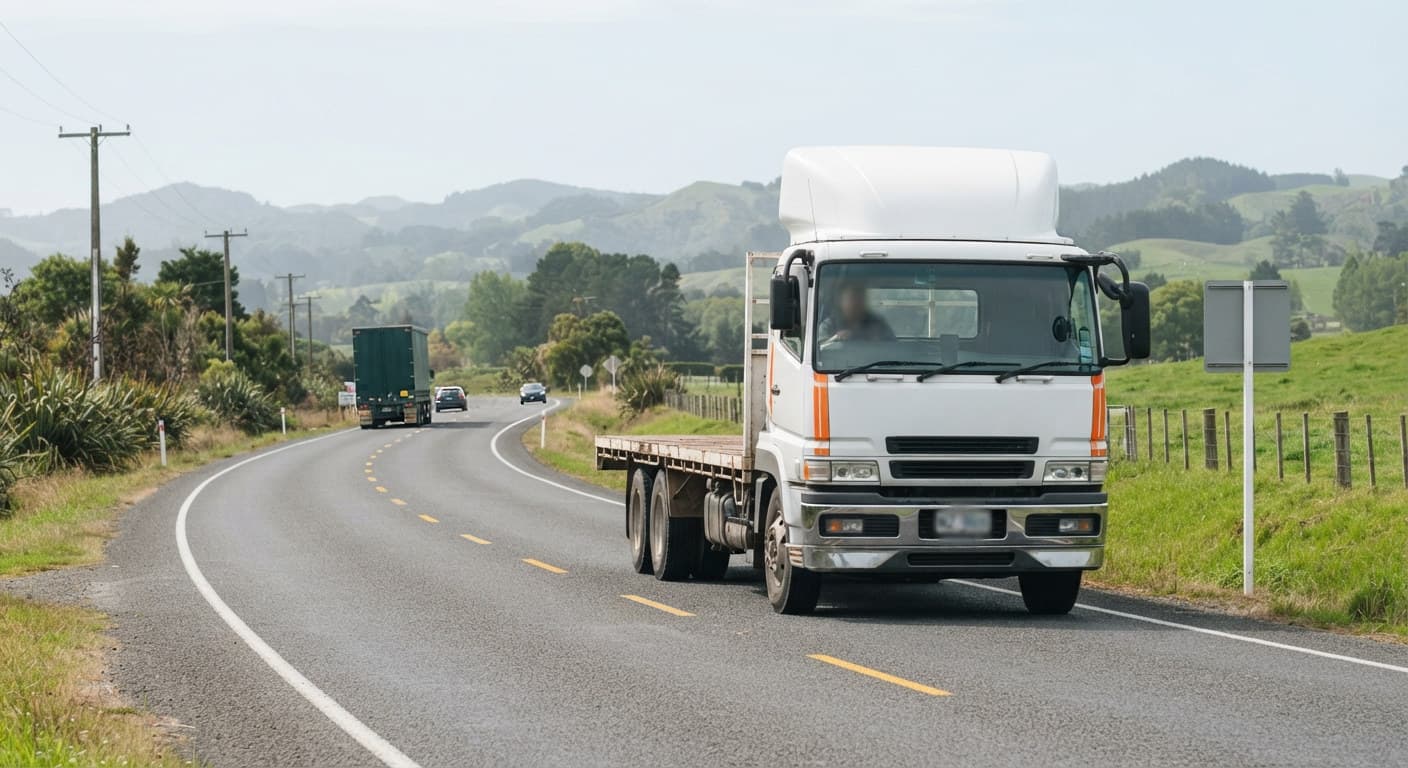 A white flat-deck truck driving on a rural New Zealand road